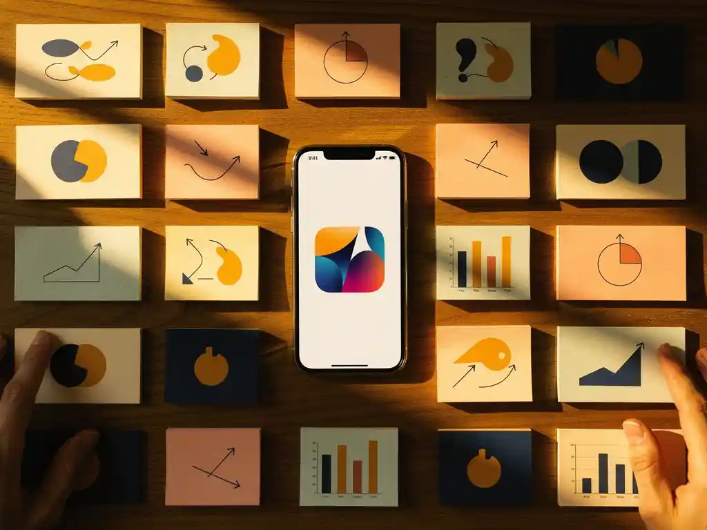 Smartphone with colorful app icon on wooden desk surrounded by organized marketing materials, sticky notes, and analytics charts in warm golden light