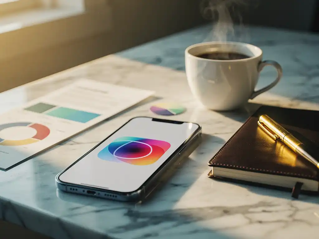 Smartphone with colorful app icon on marble desk surrounded by marketing charts, coffee cup, and leather notebook in warm sunlight