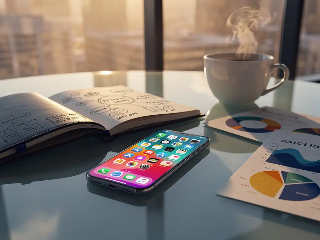 Smartphone with colorful app interface on glass desk with marketing notebook, analytics charts, and coffee cup in golden hour lighting