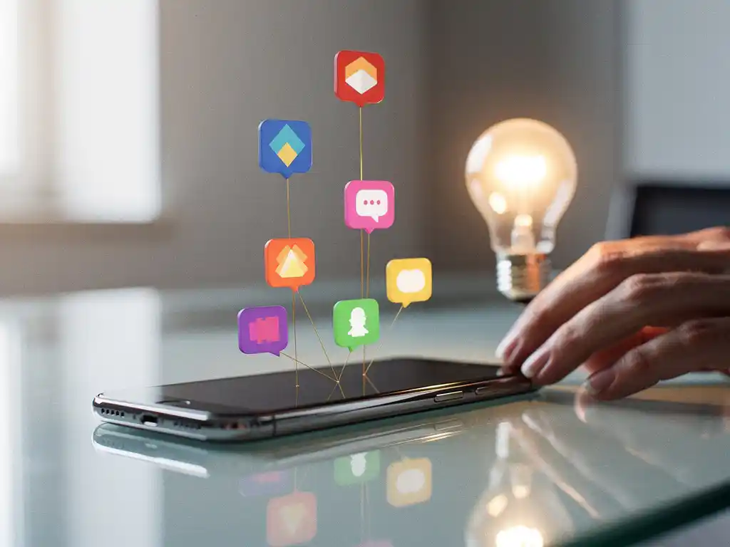 Smartphone op een glazen bureau met kleurrijke notificatiebadges, verbonden door gouden draden aan een gloeiende lamp in een minimalistisch kantoor.