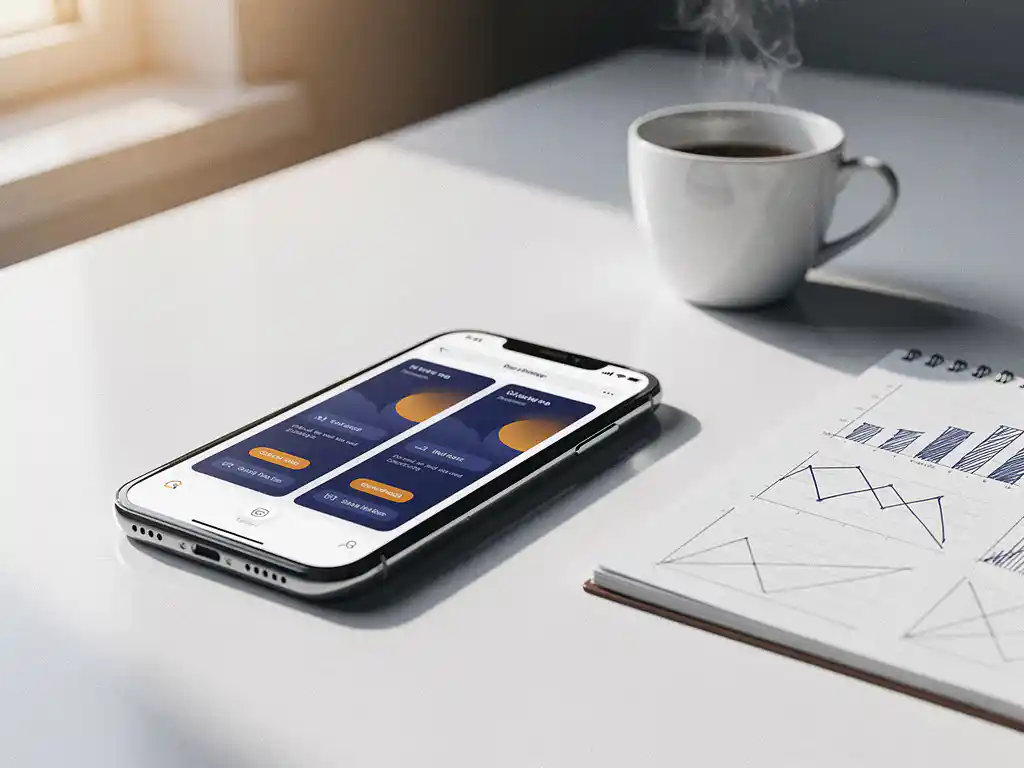Smartphone met twee app-screenshots op een wit bureau naast een notitieblok met grafieken en een dampende kop koffie in natuurlijk licht.