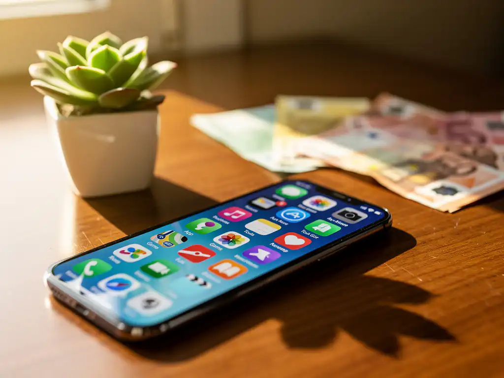 Smartphone met kleurrijke app store-interface op een houten bureau naast eurobankbiljetten en een klein vetplantje in natuurlijk zonlicht.