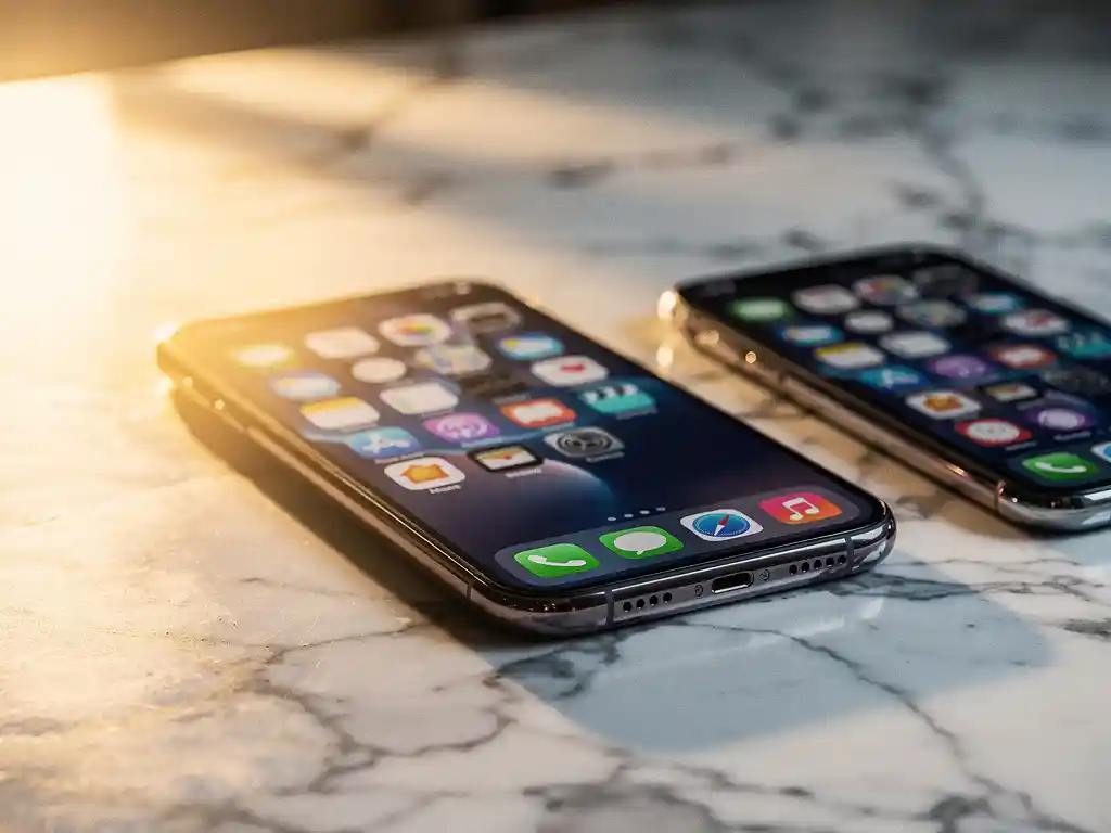 Smartphone displaying colorful app icons on polished marble desk with golden sunlight creating soft shadows