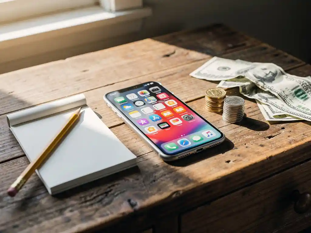 Smartphone with colorful app icons on weathered wooden desk beside coins, dollar bills, and notepad in natural sunlight