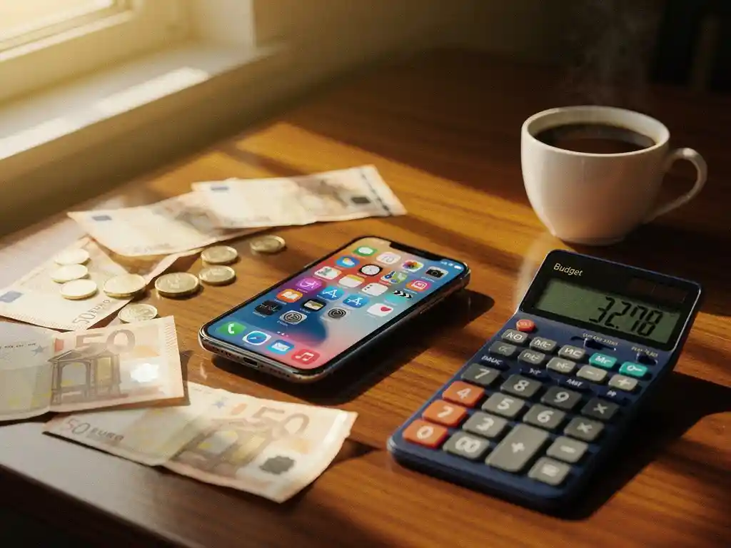 Smartphone with colorful app icons on wooden desk surrounded by euro banknotes, coins, calculator, and coffee cup in golden sunlight