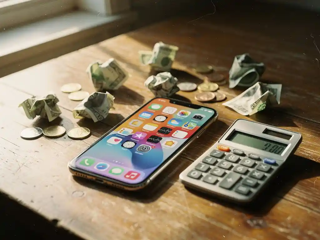 Smartphone with colorful app interface on wooden desk surrounded by crumpled dollar bills, coins, and calculator in warm natural light