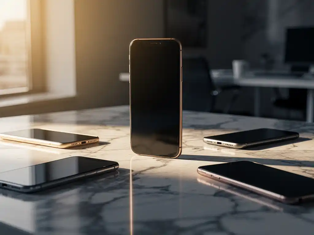 Upright smartphone illuminated by golden sunlight on marble desk with competitor phones lying flat in shadows