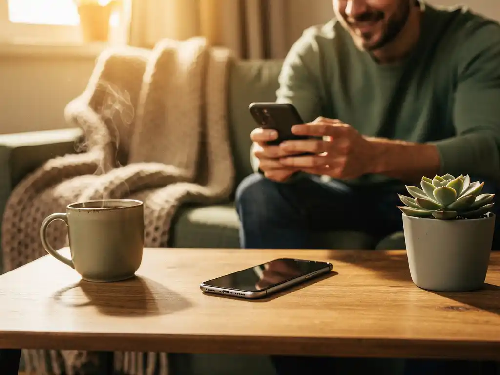 Smartphone on soft throw blanket beside steaming coffee mug and succulent plant in warm golden hour lighting