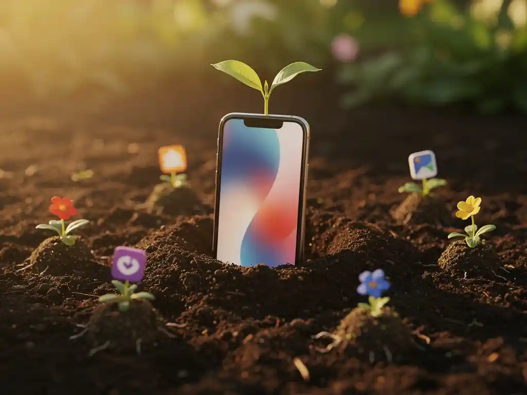 Smartphone planted in dark soil with green sprout emerging from screen, surrounded by app icons grown into flowering plants in golden sunlight