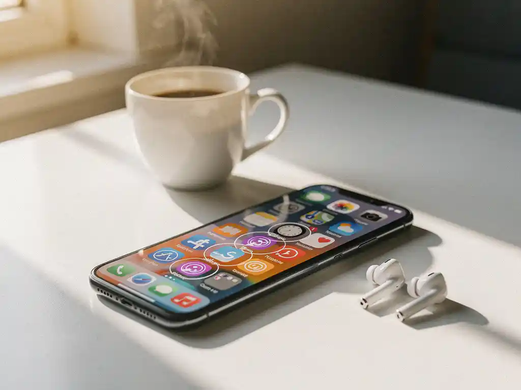 Smartphone with colorful app icons showing decreasing notification badges on white desk beside coffee cup and wireless earbuds