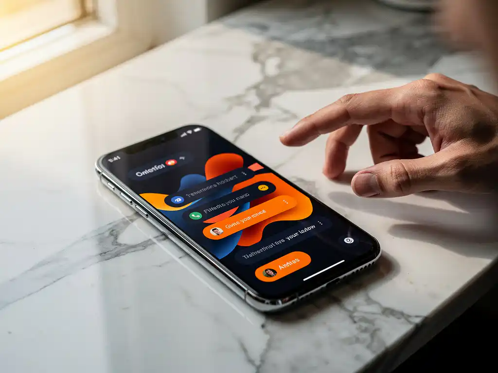 Smartphone on marble desk displaying colorful notification badges as hand reaches toward device in warm office lighting