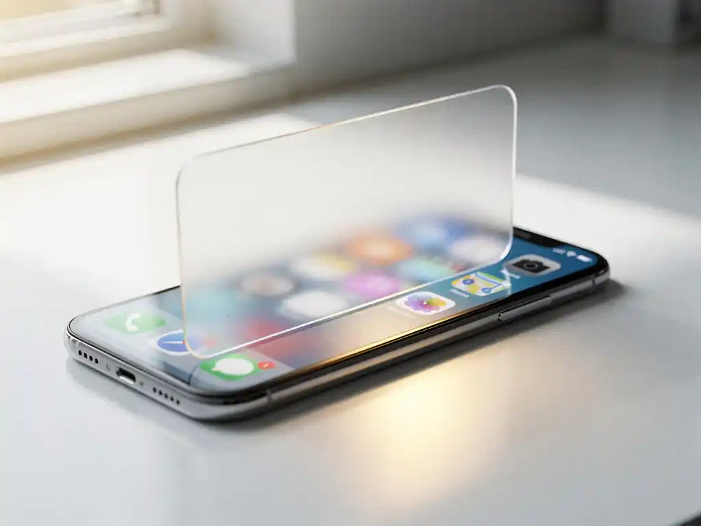 Smartphone met doorschijnende privacy screenprotector op een wit bureau; kleurrijke app-pictogrammen lichten op achter de beschermende laag.