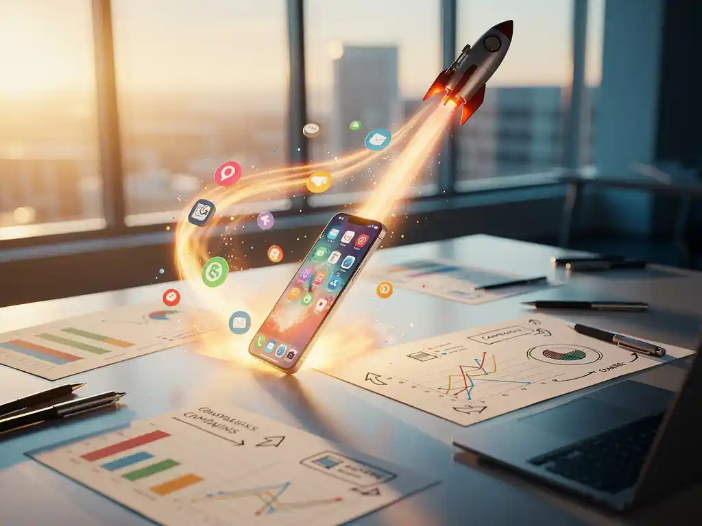 Smartphone die vanaf de marketingtafel omhoog schiet, met kleurrijke app-pictogrammen die erachteraan flitsen, omringd door grafieken en campagnemateriaal.