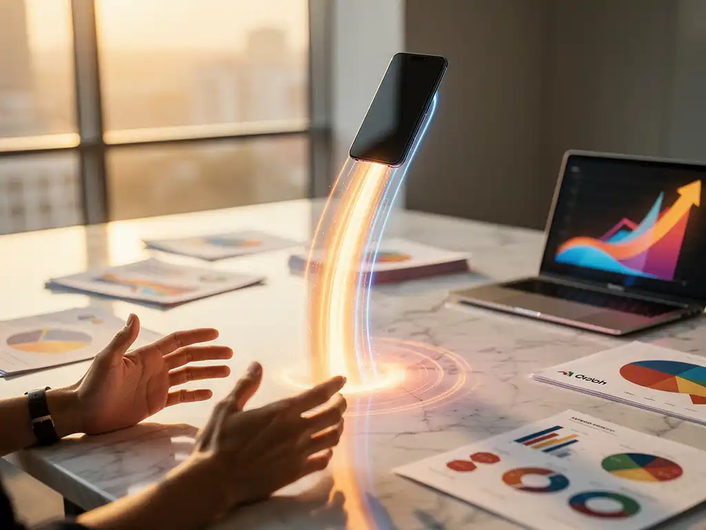 Smartphone launching upward like rocket from marble desk with orange and blue light trails, surrounded by marketing charts and laptop showing growth graphs in modern office