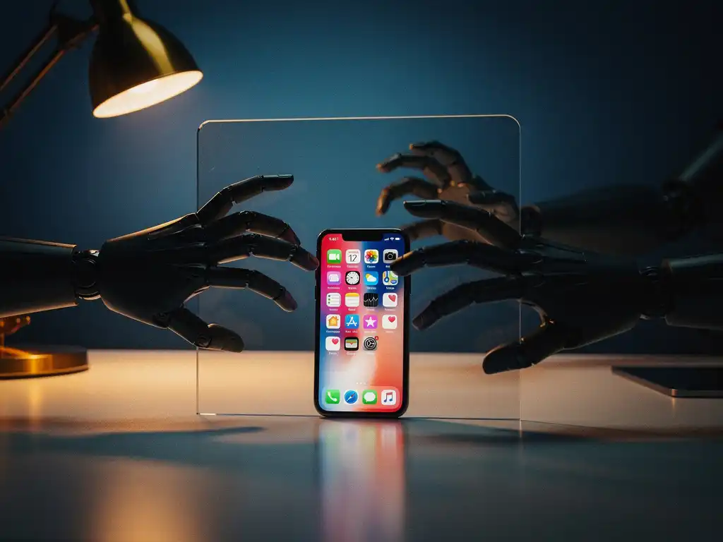 Smartphone with colorful app interface protected by transparent glass shield blocking shadowy bot hands on modern desk under warm lamp lighting