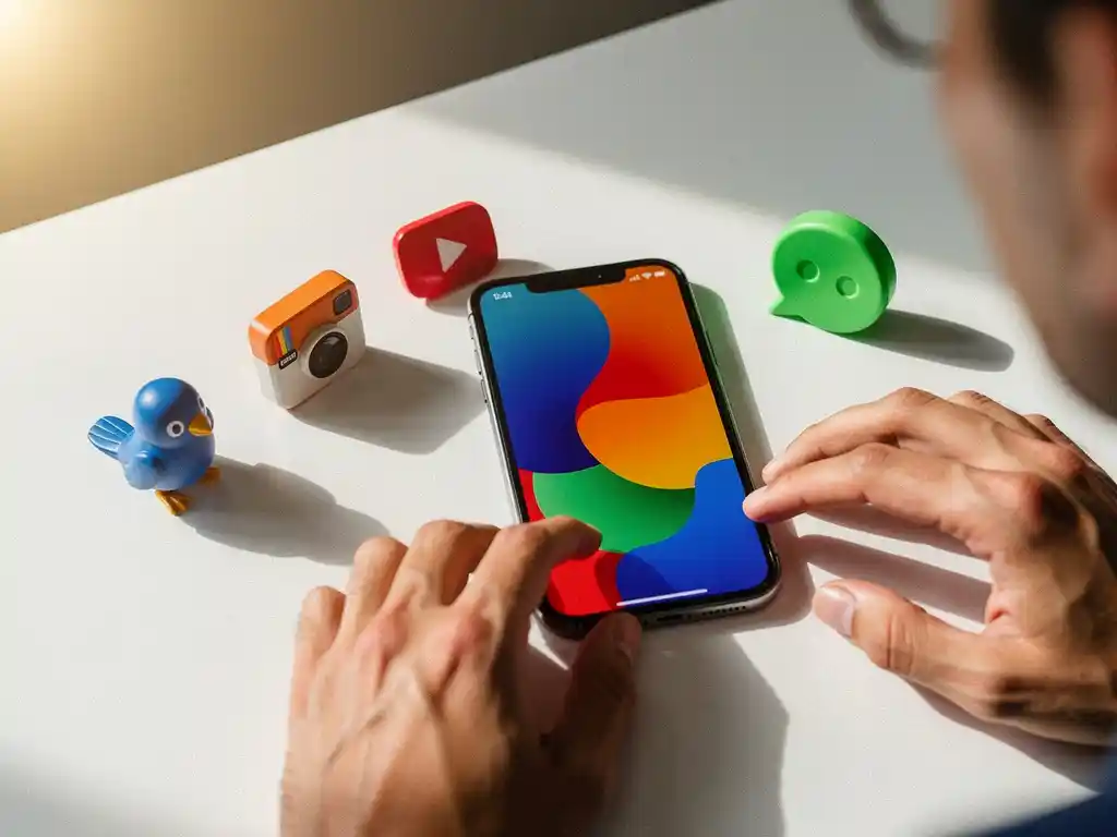Smartphone met kleurrijke app-interface op een wit bureau, omringd door 3D-pictogrammen van sociale media, waaronder een blauwe vogel, een oranje camera, een rode afspeelknop en een groene bubbel.