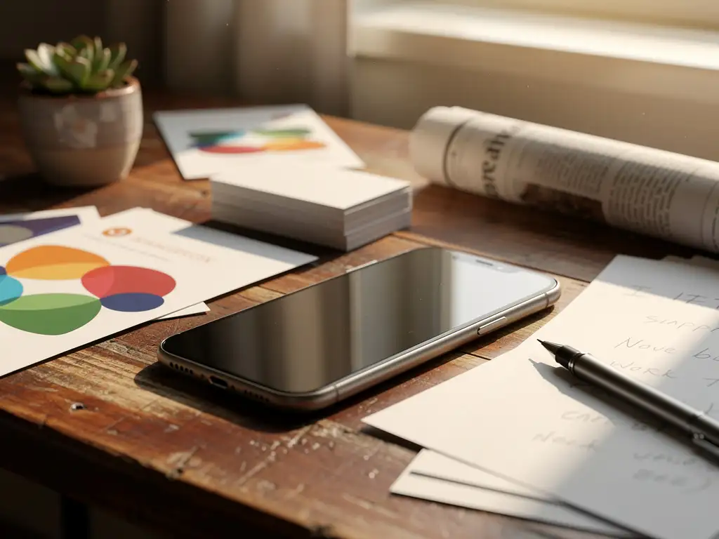 Smartphone on wooden desk with scattered flyers, business cards, newspaper, succulent plant and handwritten notes in warm natural light