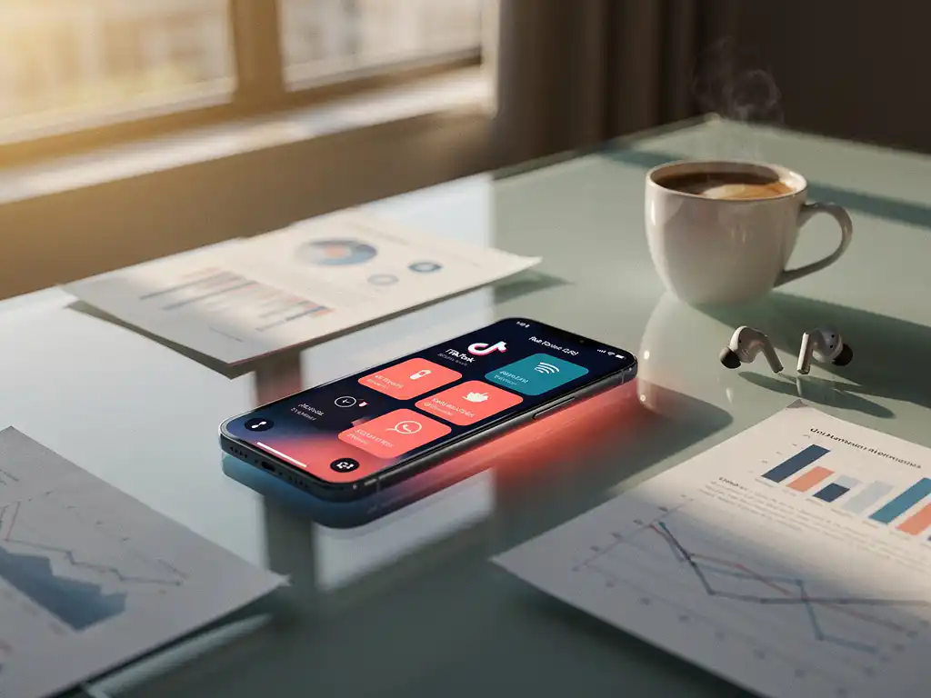 Smartphone showing TikTok interface on glass desk with marketing analytics papers, coffee cup, and wireless earbuds in golden hour lighting