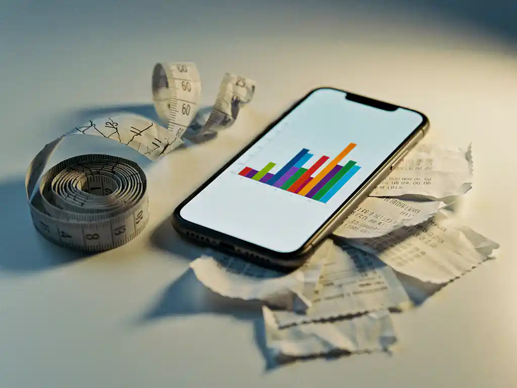 Een gebarsten meetlint en een smartphone met een staafdiagram erop, naast verspreide reclamebonnen op een wit bureau.