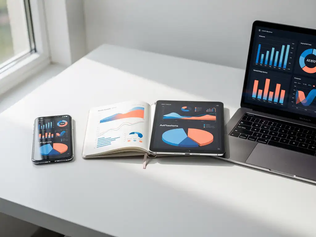 Smartphone, tablet en laptop op een wit bureau met kleurrijke grafieken van de prestaties van een advertentieplatform, samengebracht door een open notitieboek, in zacht natuurlijk licht.