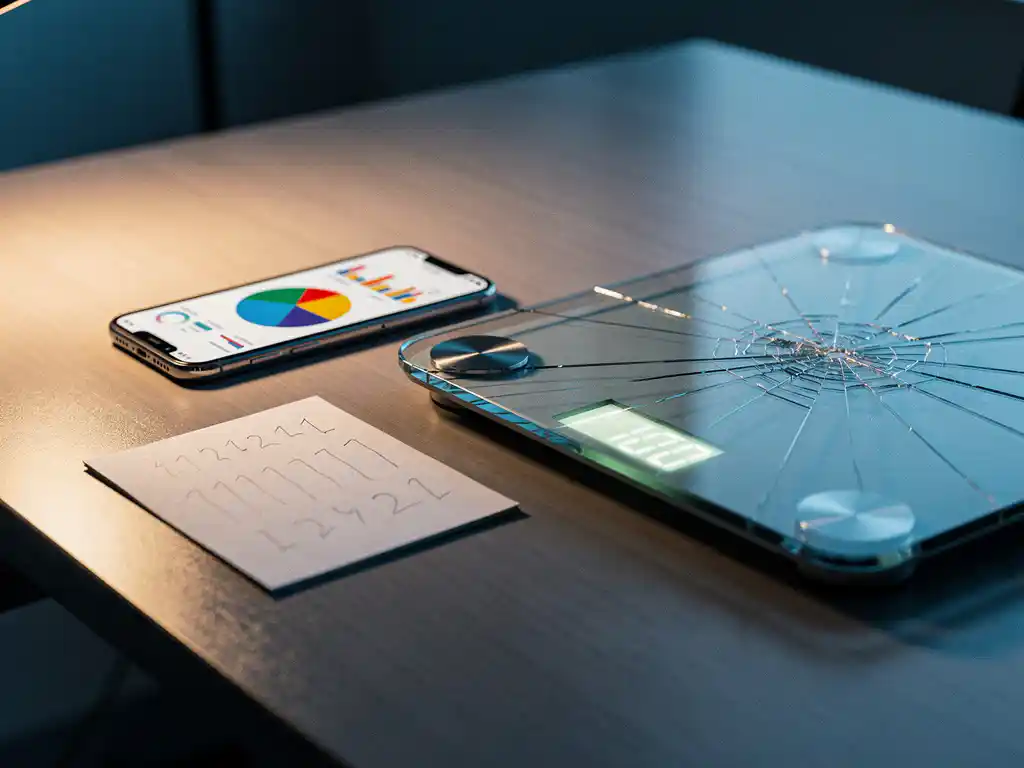 Cracked bathroom scale beside a handwritten notepad and smartphone displaying an analytics dashboard on a modern desk.