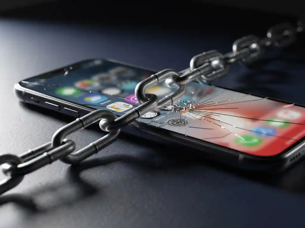 Cracked metal chain link on a smartphone screen, symbolizing broken digital connection, on a dark desk with dramatic side lighting.