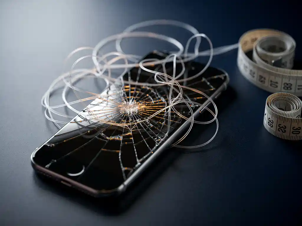 Cracked iPhone screen on dark desk with tangled lines symbolizing broken attribution data, measuring tape beside it, navy and silver tones.