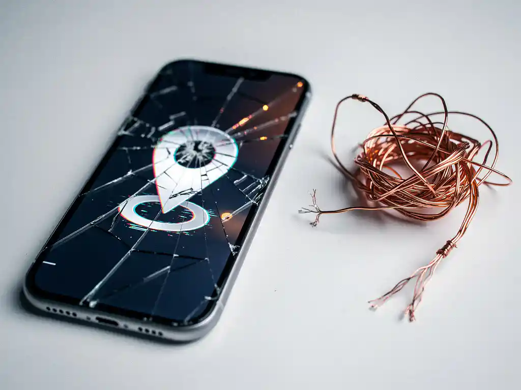Cracked smartphone screen showing a distorted map pin icon beside tangled copper wires on a white desk, symbolizing broken GPS data connections.