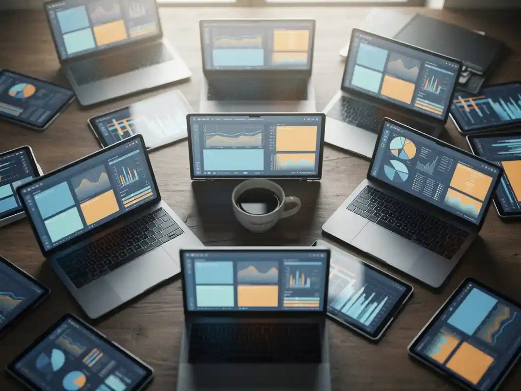 Cluttered desk covered in open laptops and tablets displaying colorful analytics dashboards, charts, and graphs alongside a lone coffee cup.