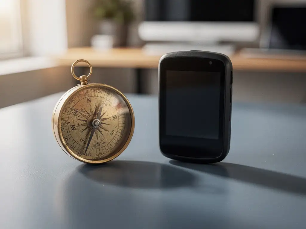Worn compass beside a modern GPS device on a minimalist desk, lit by soft natural light, symbolizing traditional vs. digital navigation tools.