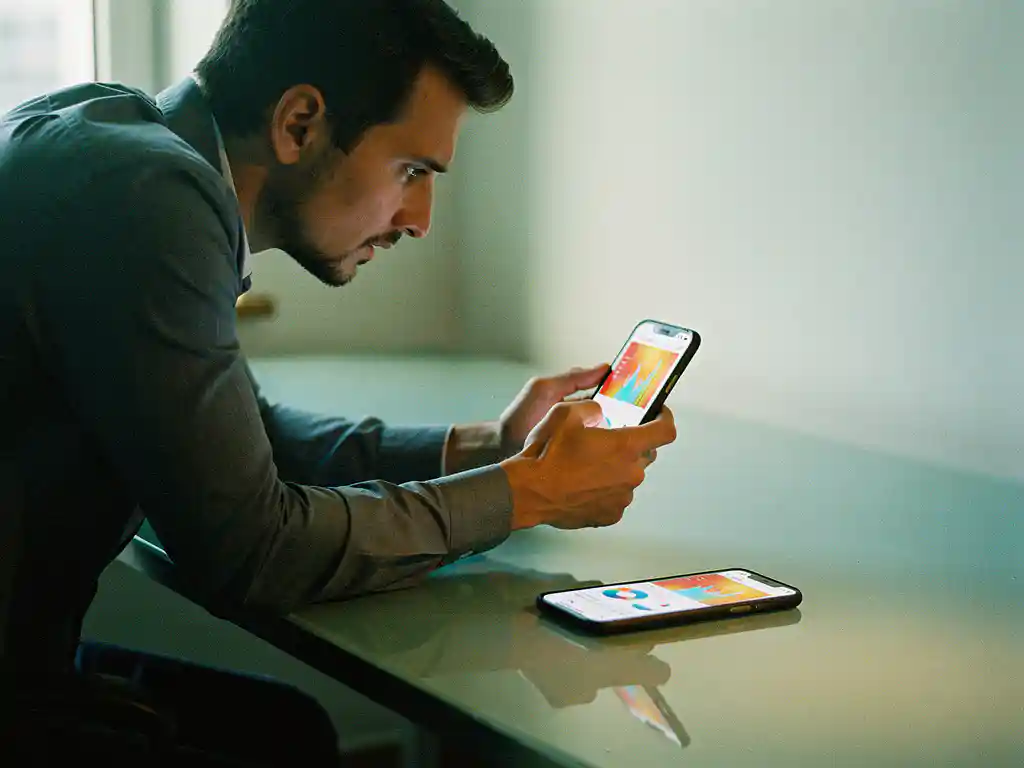 Confused analyst leaning over a modern desk examining two smartphones displaying performance graphs in a minimal workspace with soft natural light.