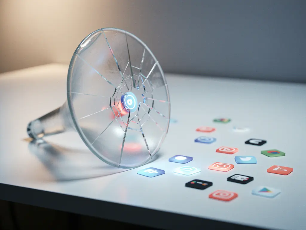 Cracked frosted glass funnel on a modern desk with digital app icons leaking through fractures, cool blue and coral tones.