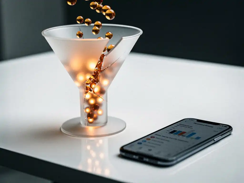 Cracked frosted glass funnel on a white desk with amber spheres leaking through a fracture, symbolizing user drop-off in a conversion funnel.