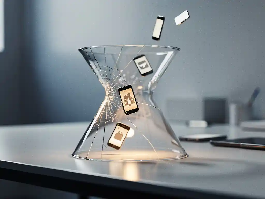 Cracked glass funnel on a modern desk with glowing smartphone silhouettes slipping through fractures, symbolizing mobile lead loss.