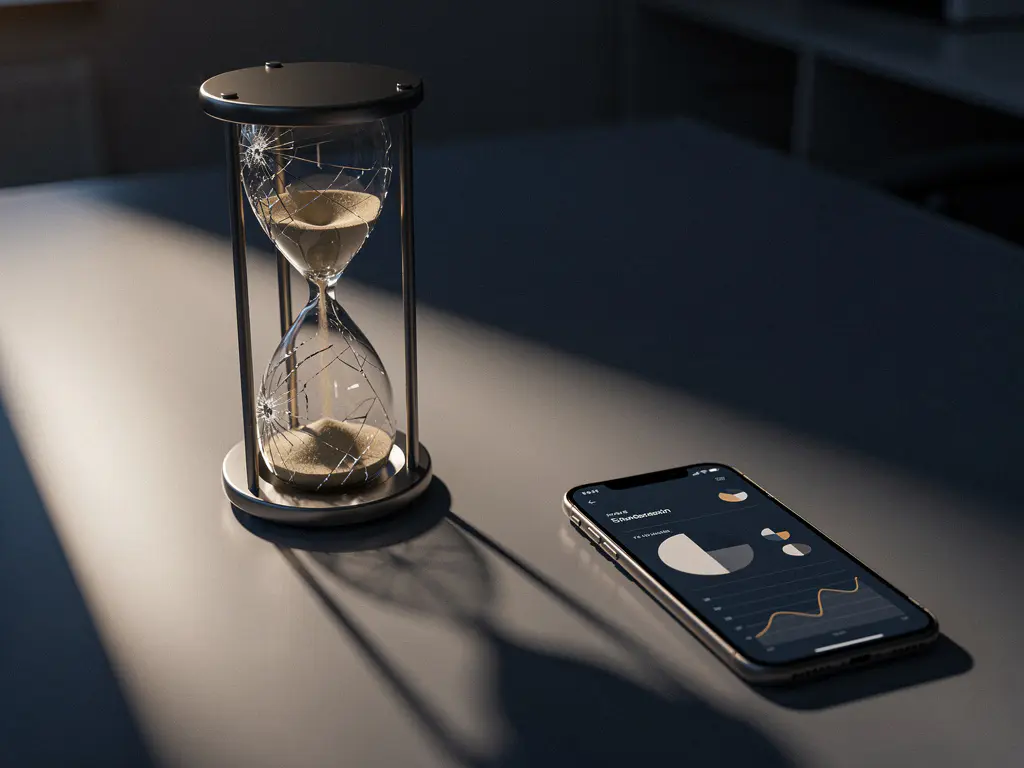 Cracked hourglass with sand frozen mid-fall beside a smartphone showing a blank analytics dashboard on a modern desk.