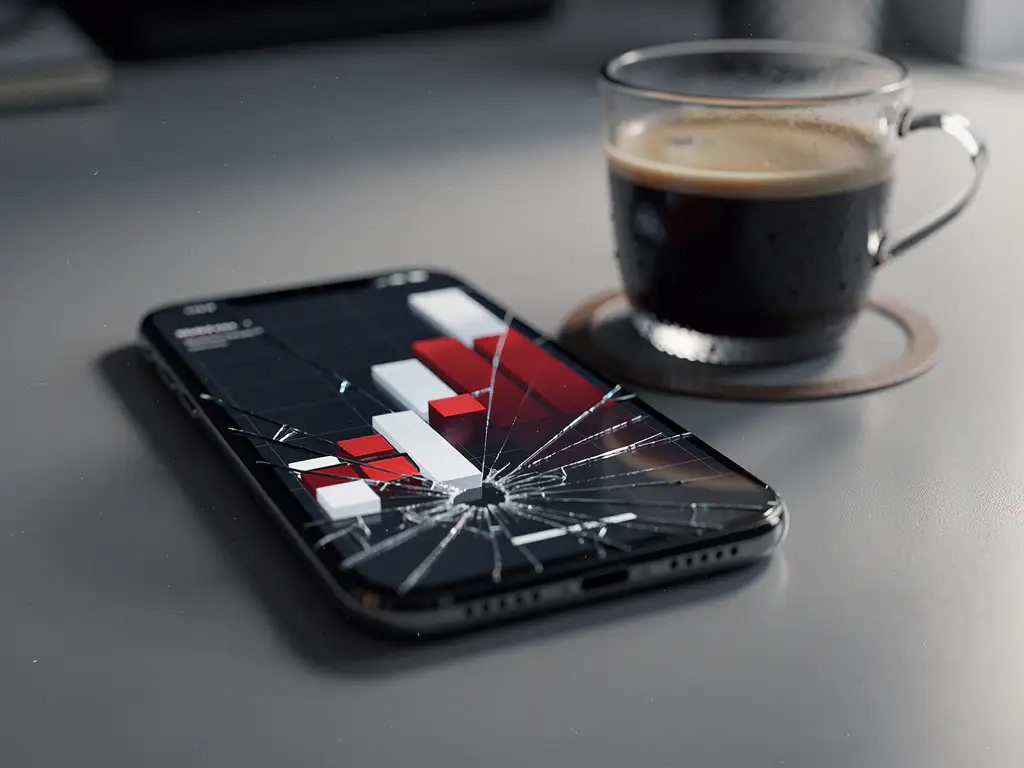 Cracked smartphone screen showing a sharply declining analytics graph on a minimalist desk beside a cold cup of coffee.