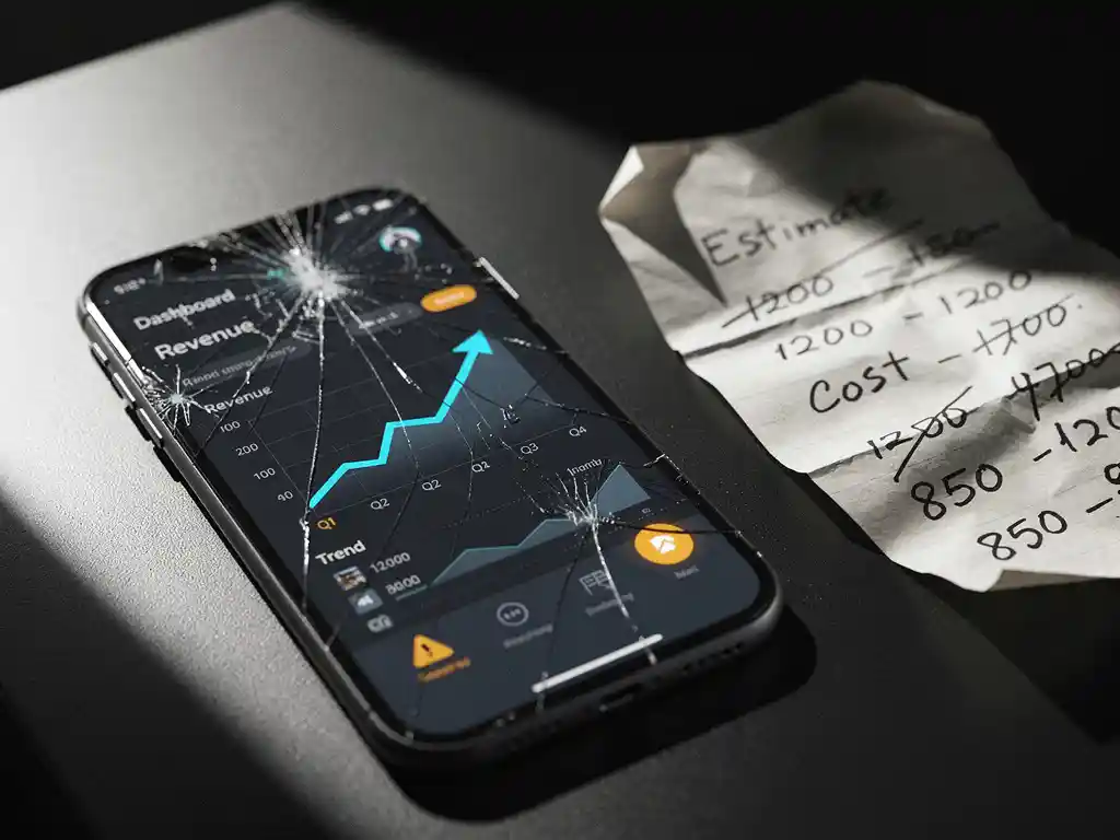 Cracked smartphone showing colorful analytics dashboard with misleading upward trend lines beside a notepad of crossed-out figures on a dark desk.