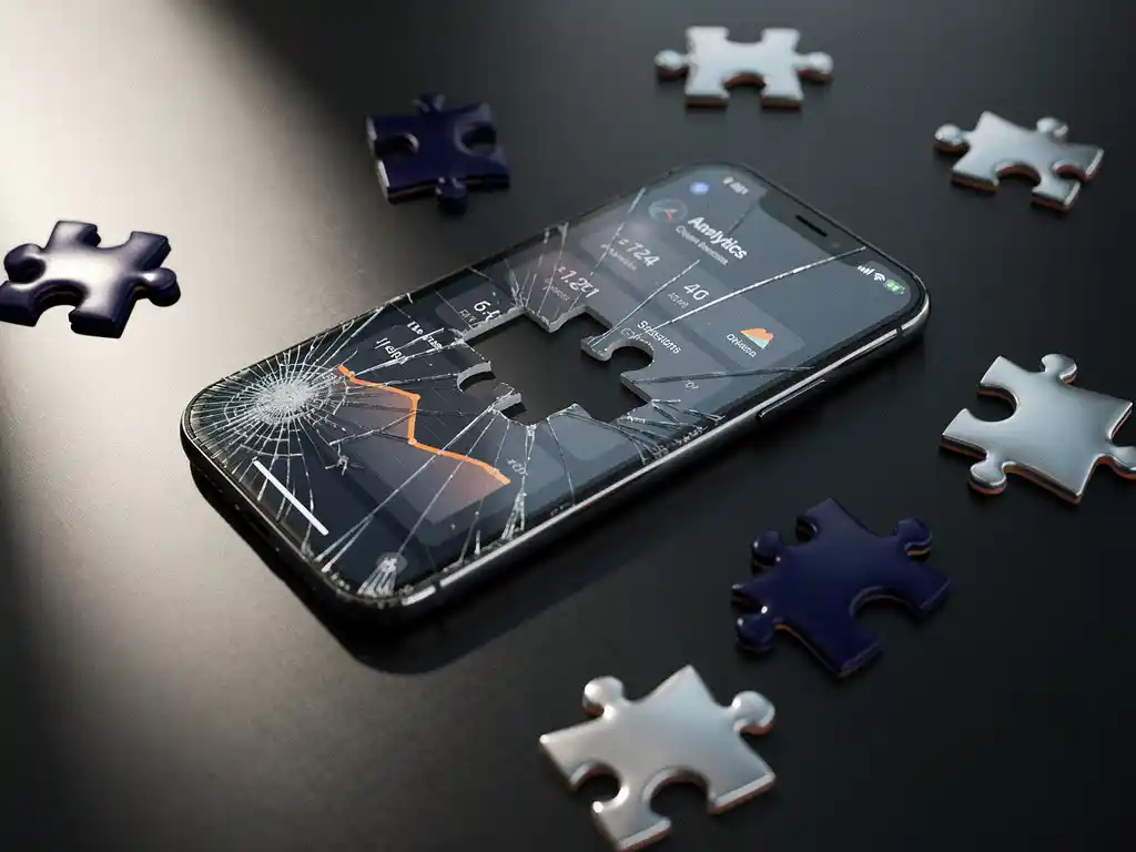 Cracked smartphone showing blurred iOS analytics dashboard surrounded by scattered puzzle pieces with one missing, on a dark desk.