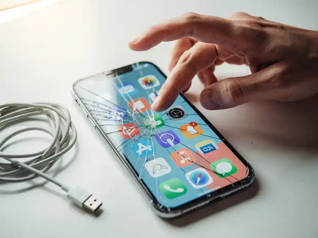 Frustrated hand hovering over a cracked smartphone displaying a mismatched app screen, beside a tangled charging cable on a white desk.