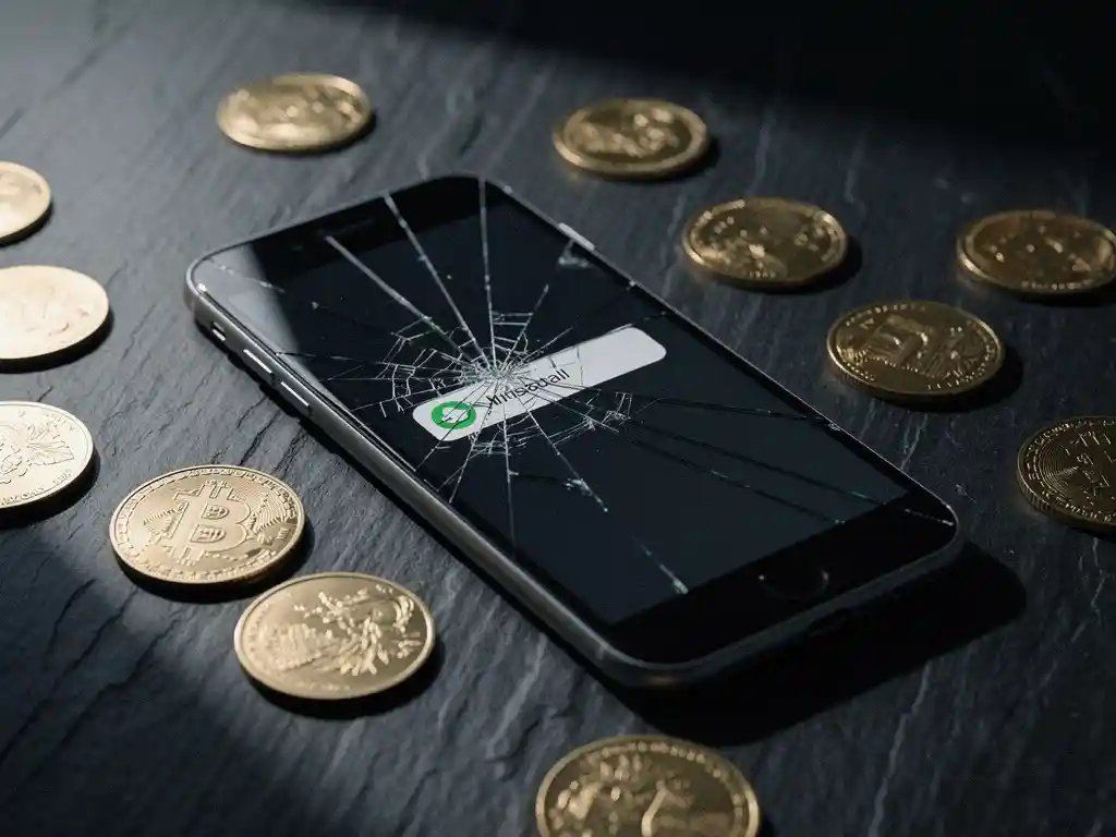 Cracked smartphone screen showing one install notification surrounded by scattered coins on a dark slate desk, highlighting shallow app metrics.