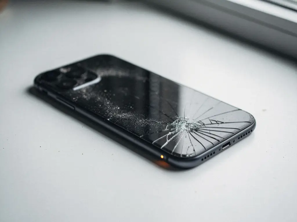 Cracked smartphone face-down on a white desk, notification light pulsing unnoticed in soft natural light.