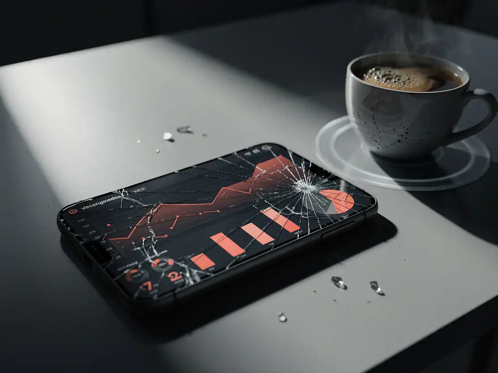 Cracked smartphone showing distorted analytics dashboard with skewed graphs on a modern desk beside a cold coffee cup.