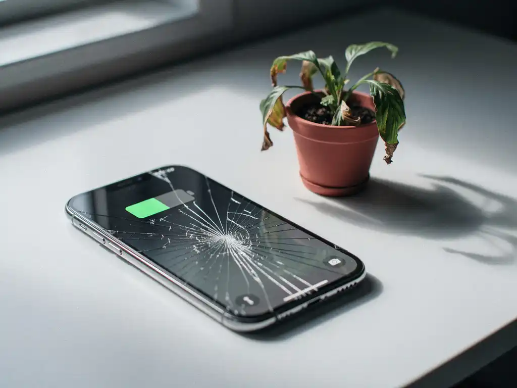 Een gebarsten smartphone met een bijna lege batterij ligt op een wit bureau naast een verwelkende plant, wat in koele grijstinten en gedempte koraalkleuren duidt op digitale verwaarlozing.