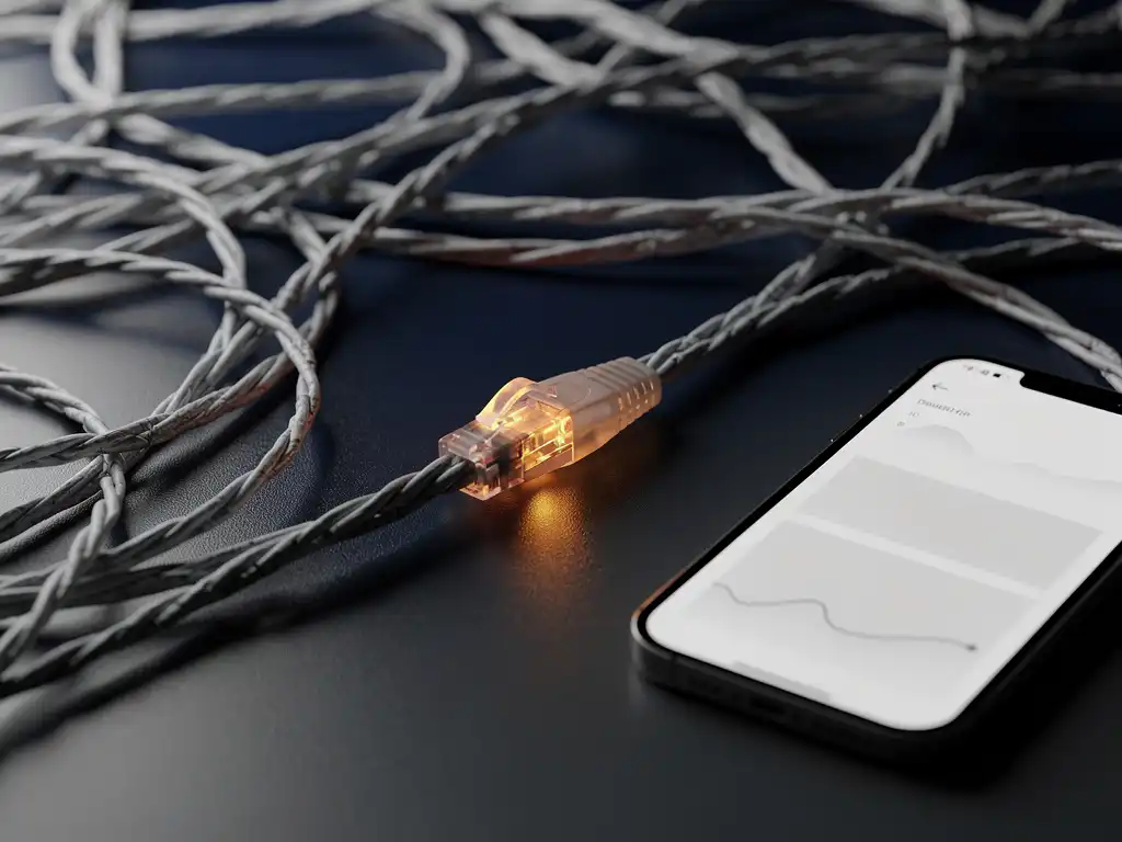 Tangled frayed data cables on a modern desk, one glowing reconnected cable beside a smartphone showing a blank analytics dashboard.