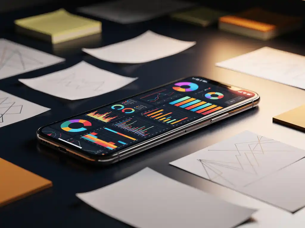 Smartphone displaying fragmented performance graphs surrounded by scattered printouts and sticky notes on a modern desk, symbolizing data chaos.