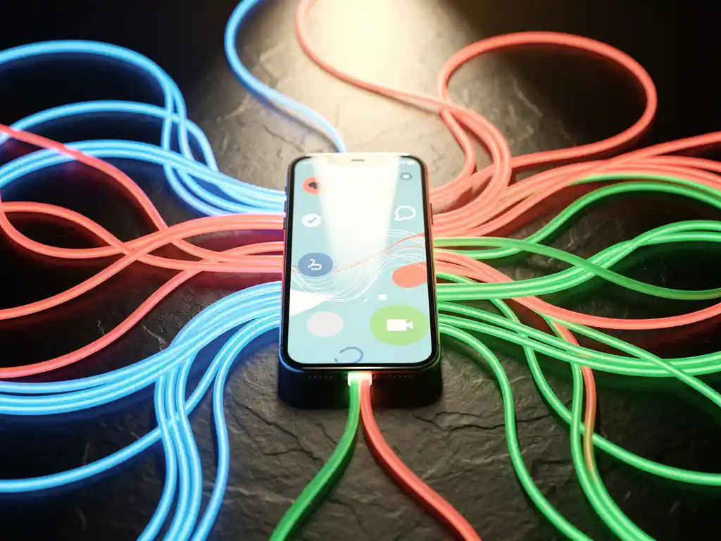 Glowing fiber-optic cables in blue, red, and green converging into a smartphone displaying an app install notification on a dark slate surface.