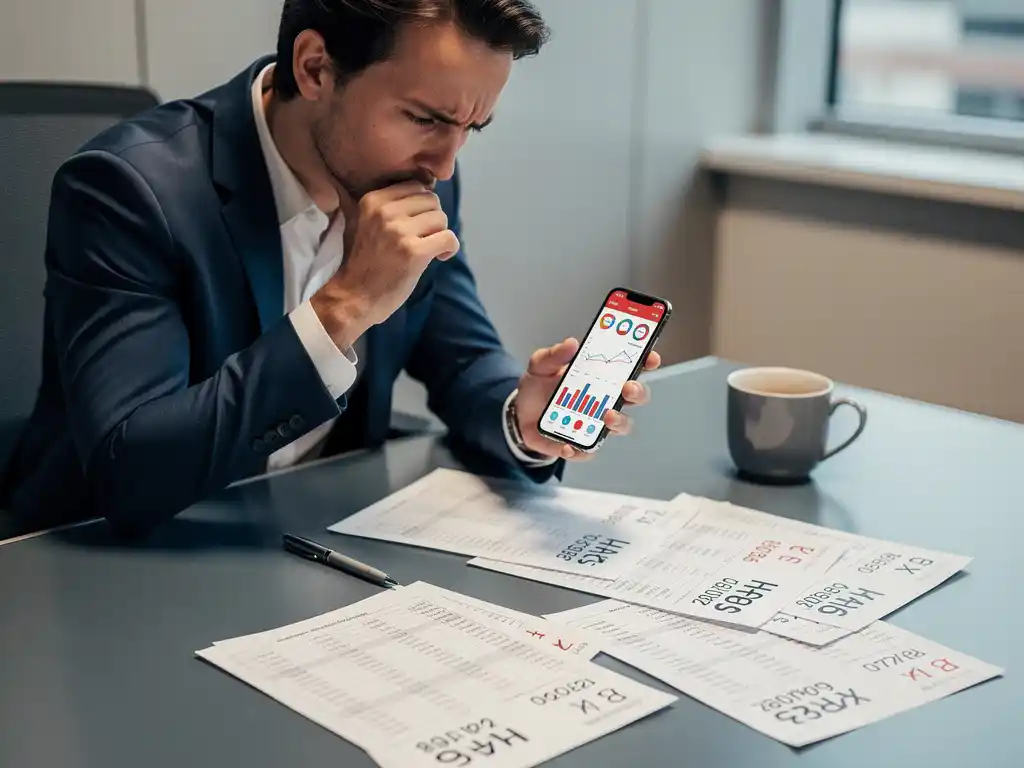 Finance professional frowning at a smartphone analytics dashboard, surrounded by conflicting spreadsheets on a modern desk with coffee and stylus nearby.