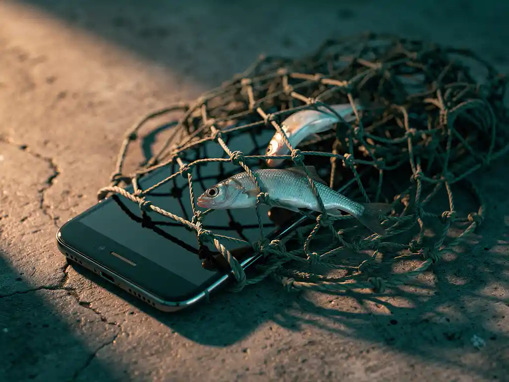 Crumpled fishing net tangled around a smartphone on concrete, with small fish escaping through gaps, symbolizing lost retargeting opportunities.
