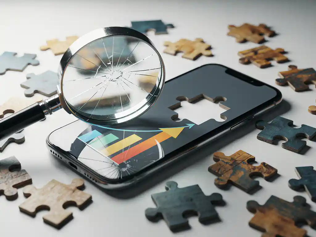Cracked magnifying glass on a smartphone showing a rising ad spend graph, surrounded by incomplete puzzle pieces with one missing, on a white desk.