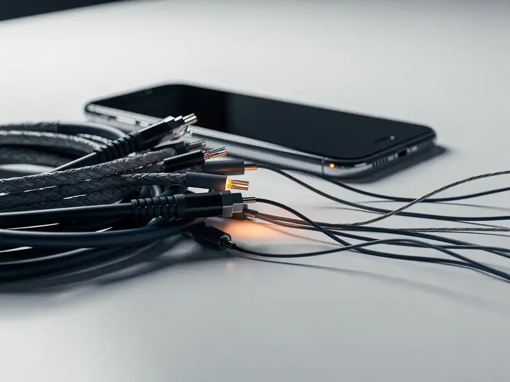 Frayed signal cables disconnected from a smartphone on a white desk, loose wire ends trailing into empty space in cool grey and amber tones.
